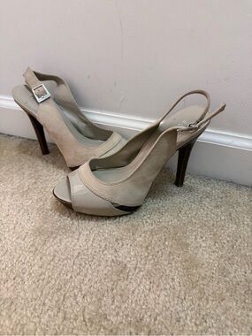 BCBGeneration Beige and Cream Peep-Toe Slingback Heels